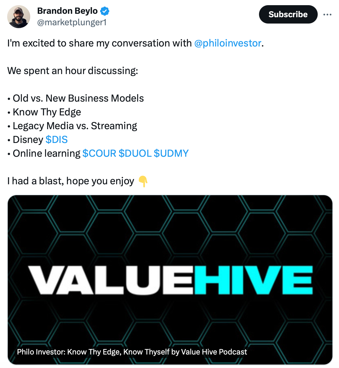 PODCAST: Philo interviewed by Brandon from Value Hive